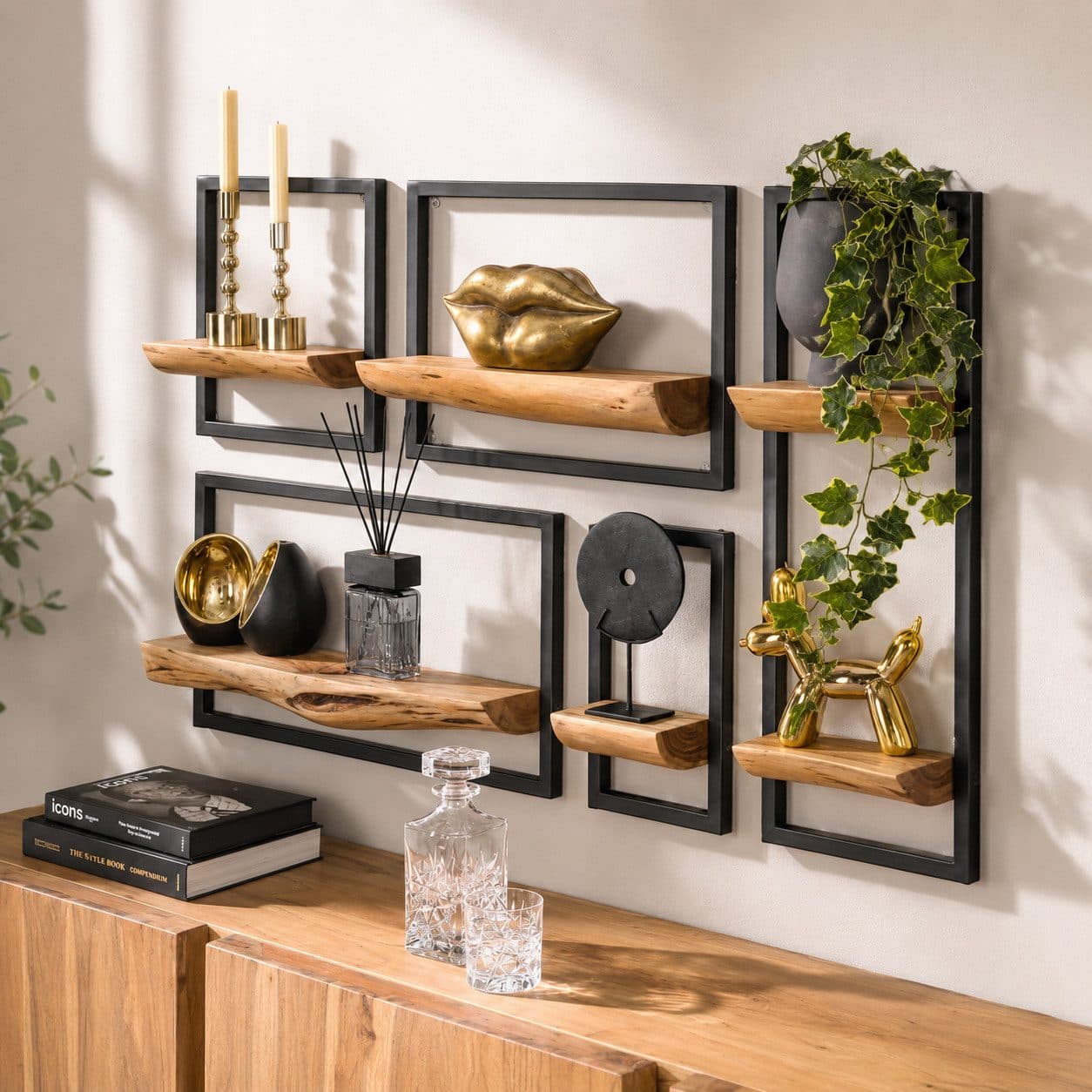 LEVEN Lifestyle Wandregal 5er Set mit Baumkante Holz Metall - Bild 2