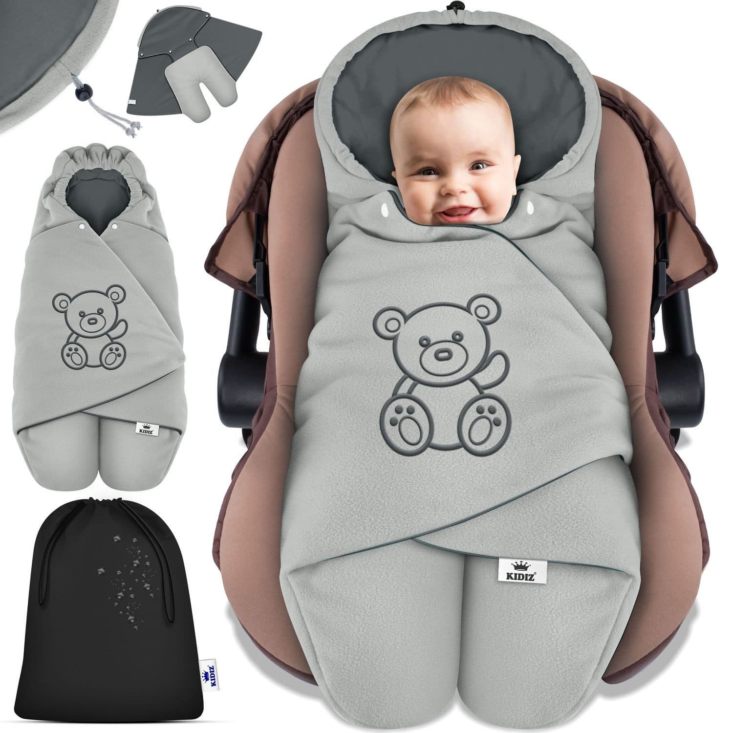 KIDIZ Baby Einschlagdecke Grau Polyester mit Kapuze & Tasche - Bild 2
