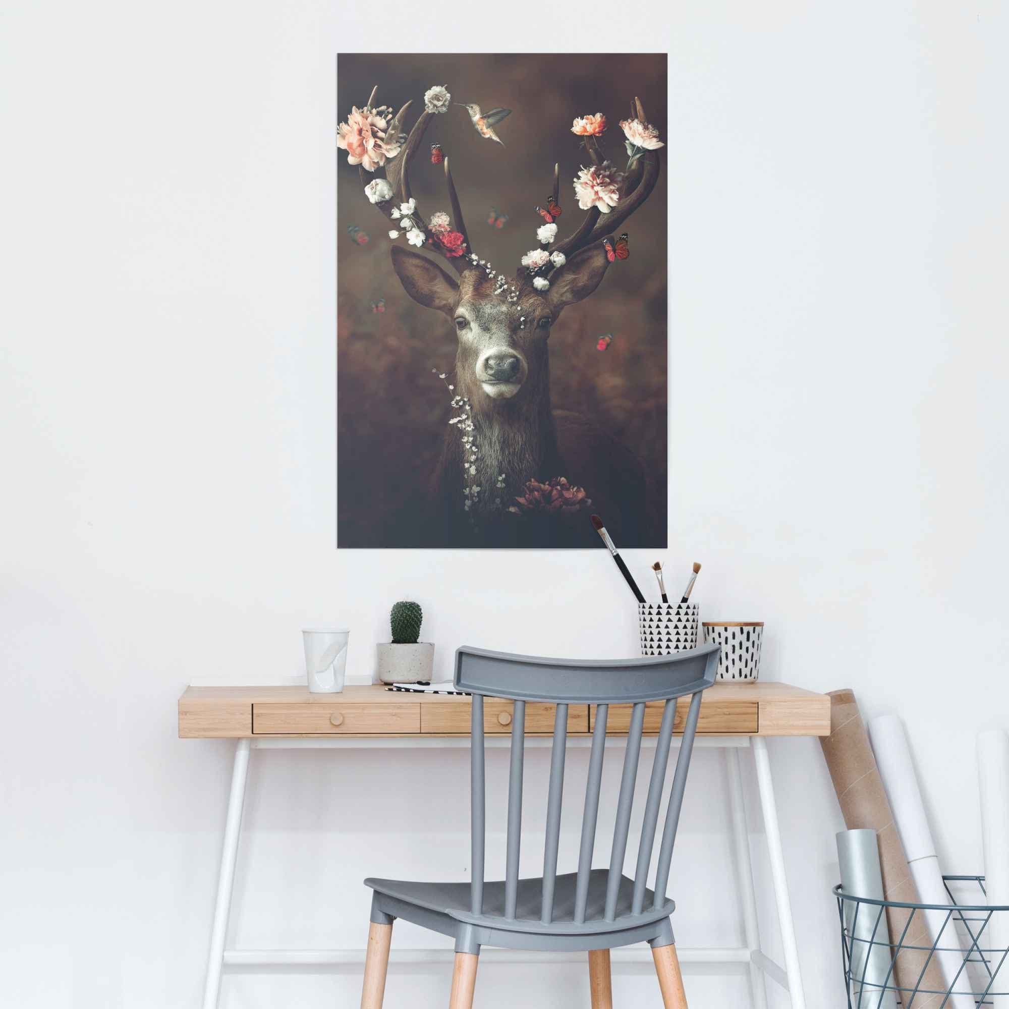 Reinders Poster Hirsch Romantisch - Kolibri - Schmetterling - Blumenkranz Braun - Bild 2
