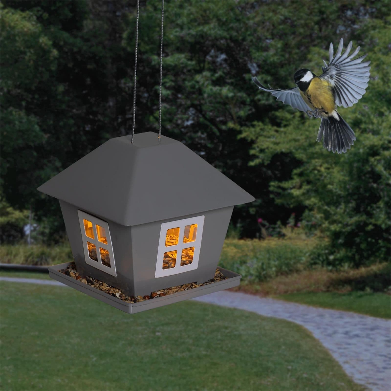 Gravidus Vogelhaus LED Solar mit Licht zum Aufhängen Garten Metall grau - Bild 2