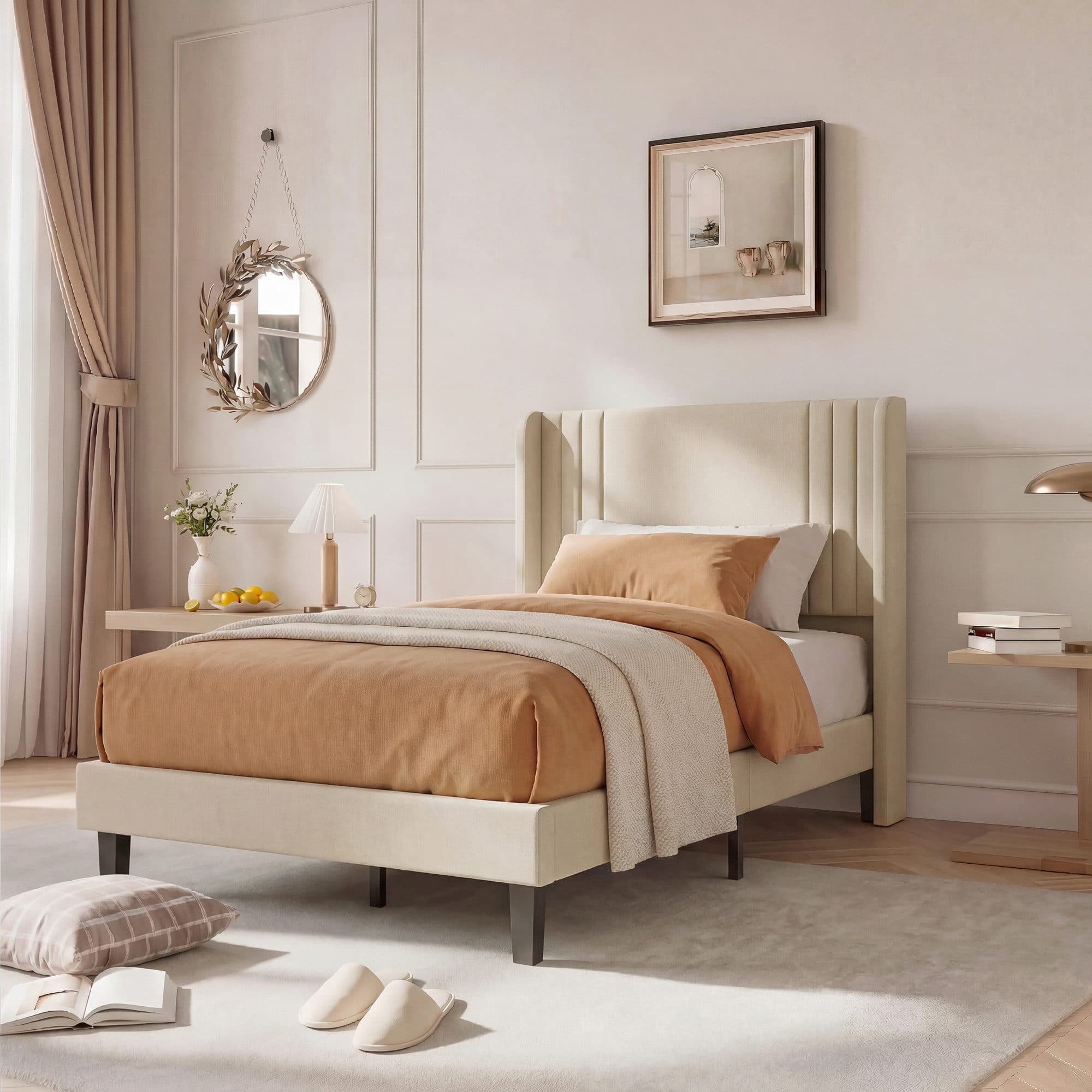 PXloue Polsterbett Leinen mit Lattenrost und hohem Kopfteil Beige - Bild 2
