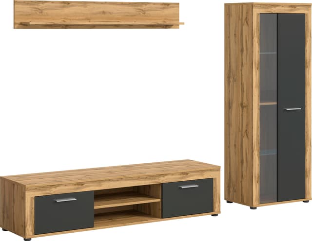 Modernes Wohnzimmer-Set mit Lowboard, Wandboard und Vitrine