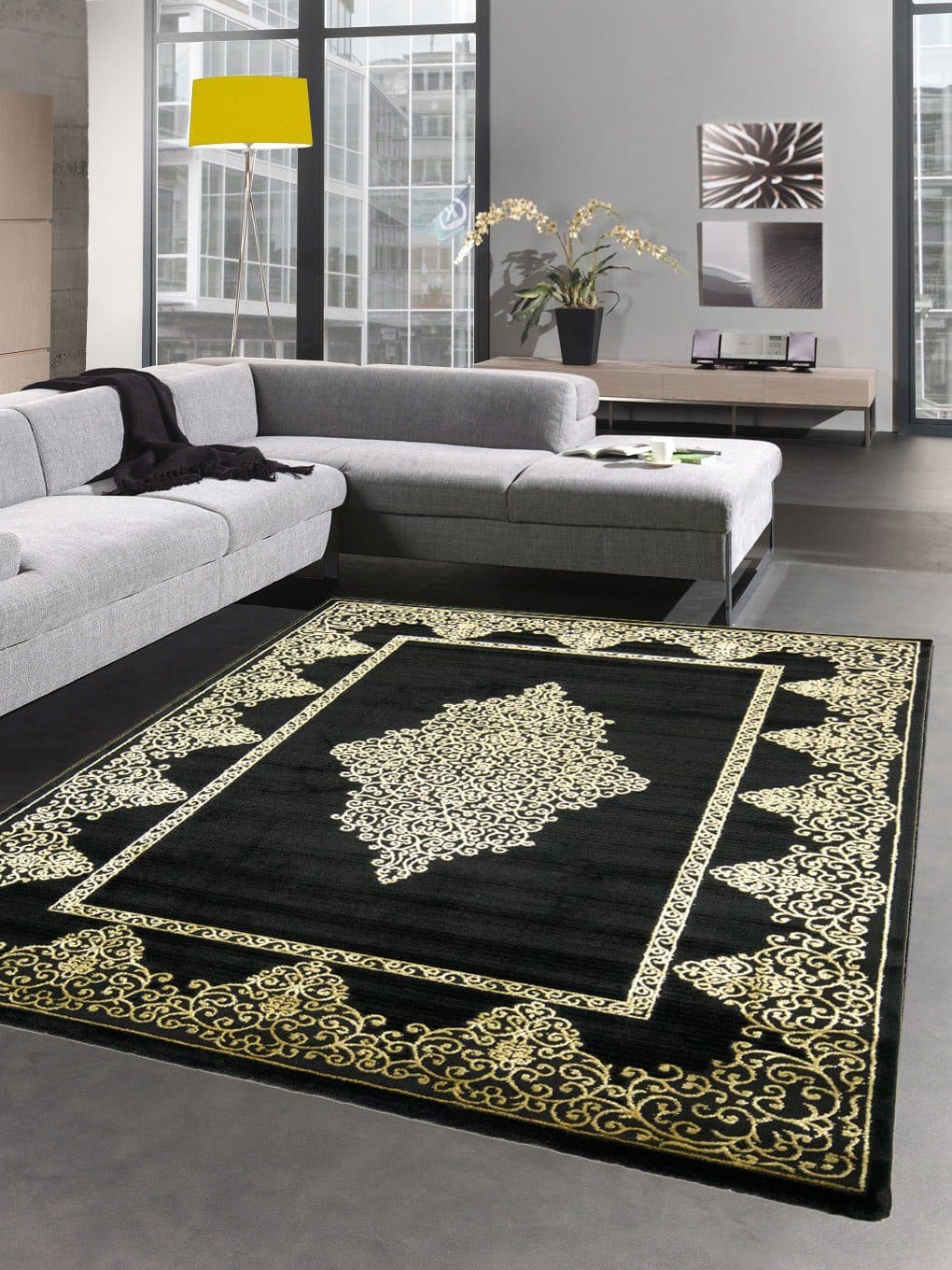 Carpetia Teppich Wohnzimmer Kurzflor Ornamente Schwarz Gold - Bild 2