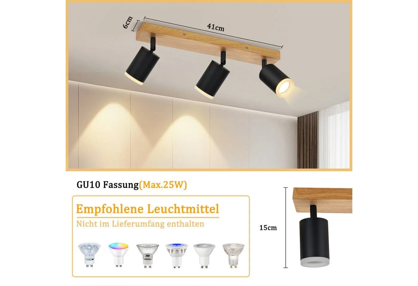 ZMH LED Deckenstrahler 2/3/4 Flammig GU10 Holz-Acryl Deckenleuchte Schwarz