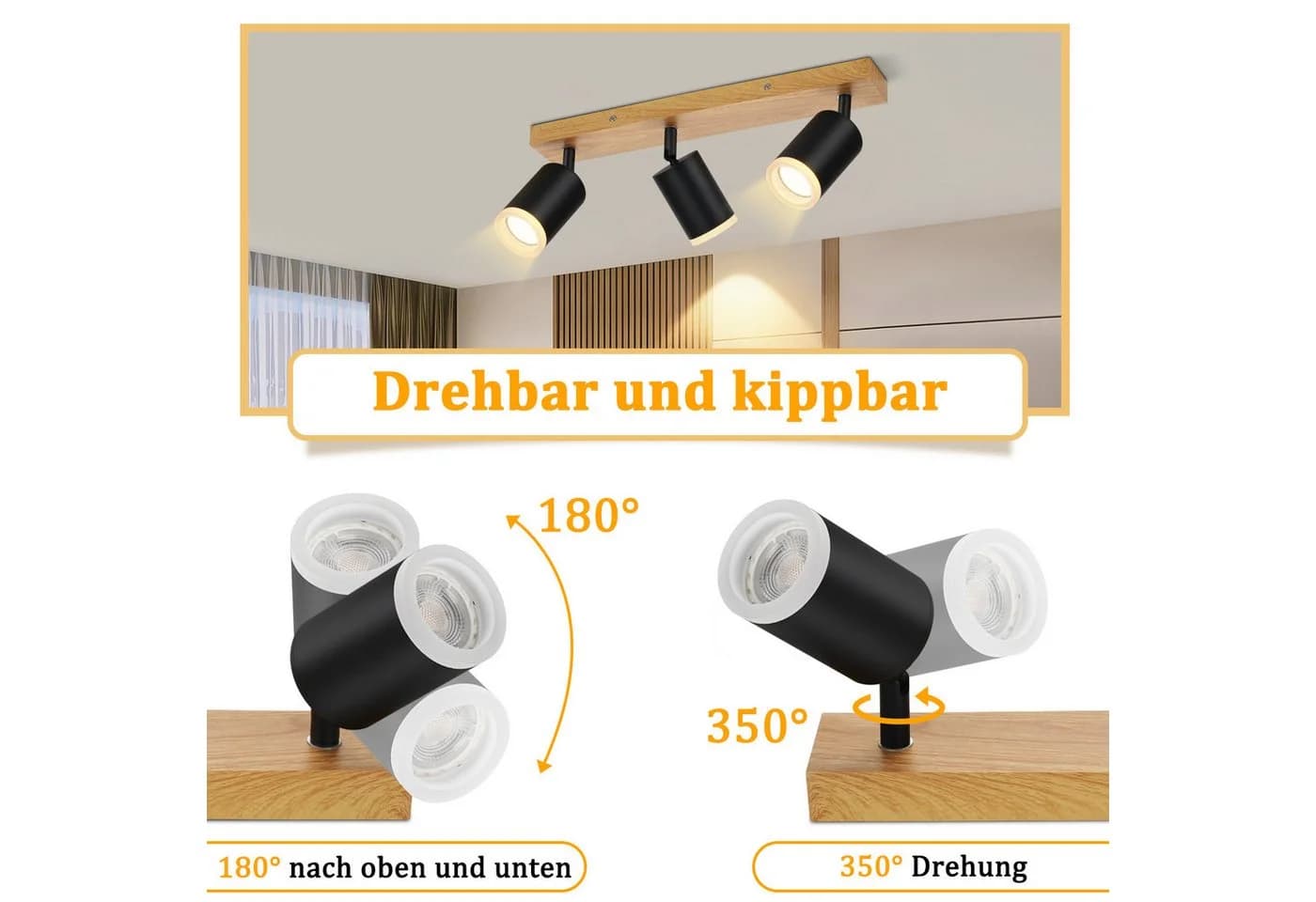 ZMH LED Deckenstrahler 2/3/4 Flammig GU10 Holz-Acryl Deckenleuchte Schwarz - Bild 3