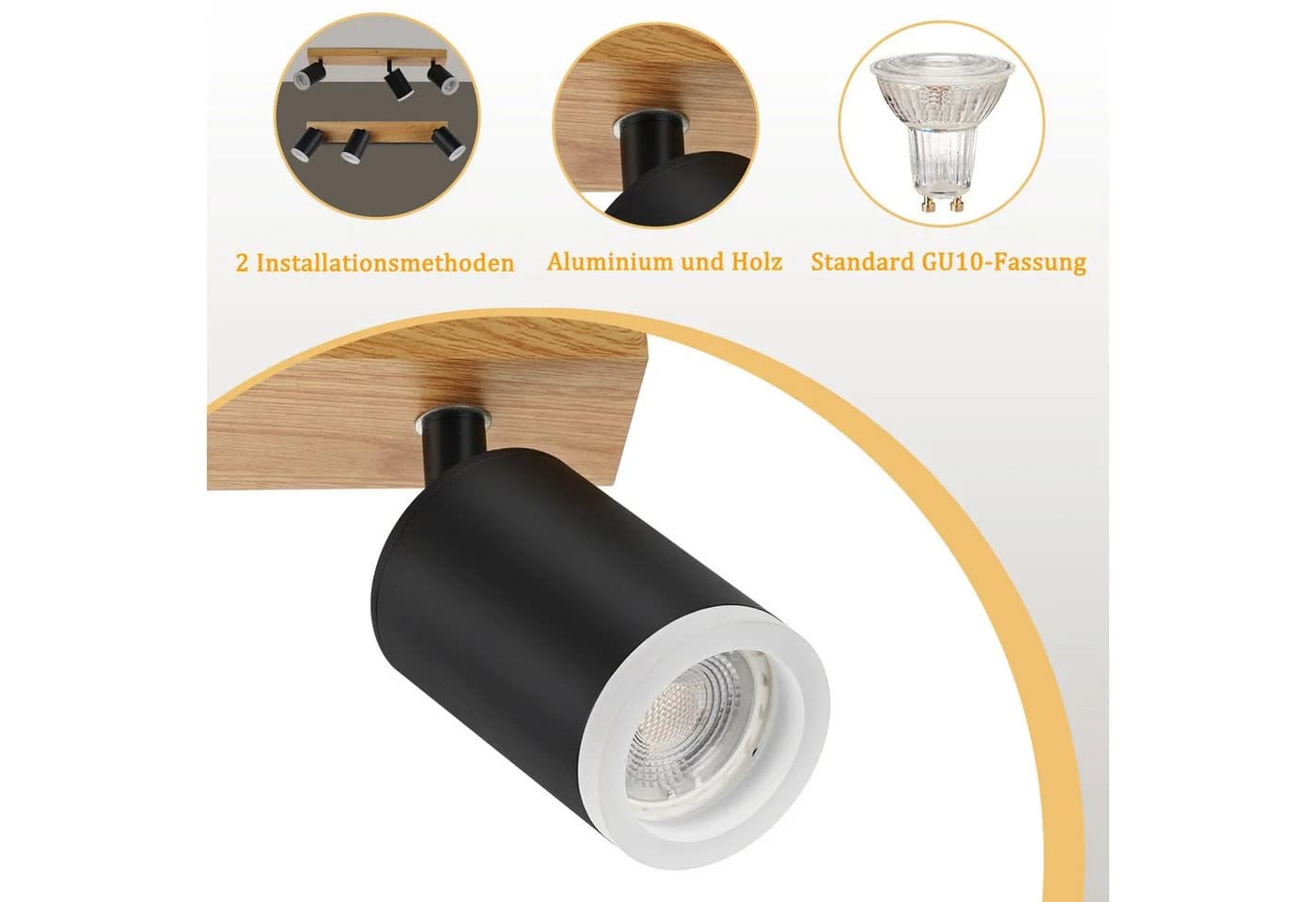 ZMH LED Deckenstrahler 2/3/4 Flammig GU10 Holz-Acryl Deckenleuchte Schwarz - Bild 5