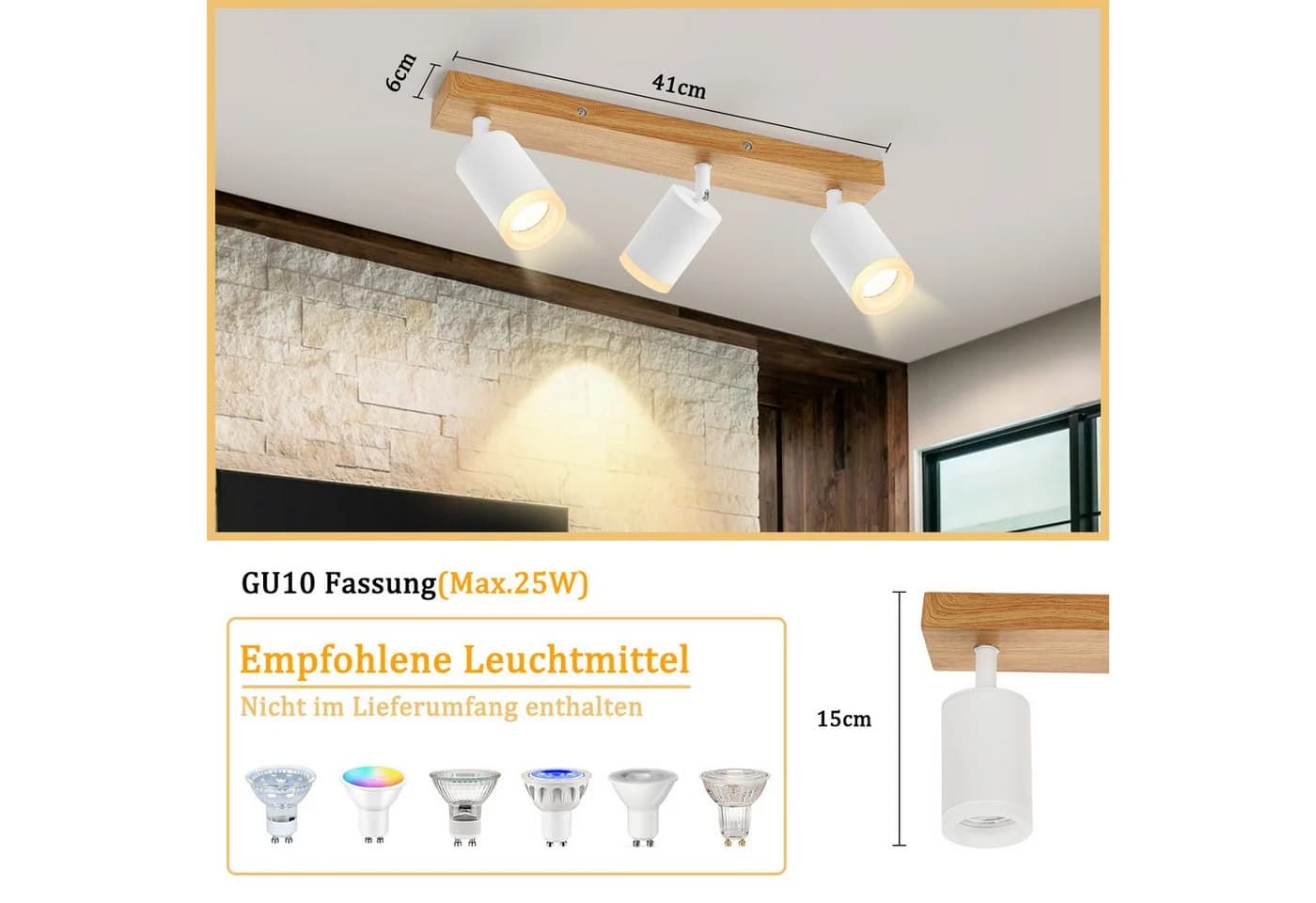 ZMH LED Deckenstrahler GU10 Holz-Acryl 350° Drehbar Weiß