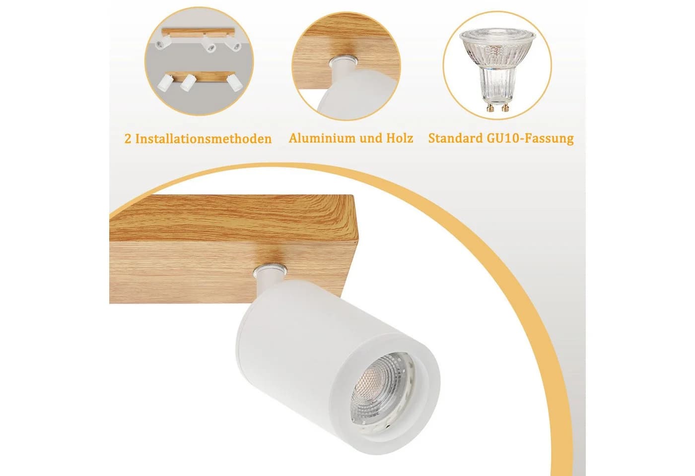 ZMH LED Deckenstrahler GU10 Holz-Acryl 350° Drehbar Weiß - Bild 3