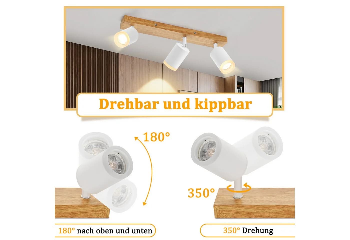 ZMH LED Deckenstrahler GU10 Holz-Acryl 350° Drehbar Weiß - Bild 5