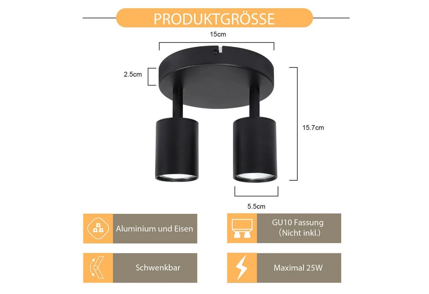 ZMH Deckenstrahler 2 Flammig Rund Deckenlampe 330° Schwarz