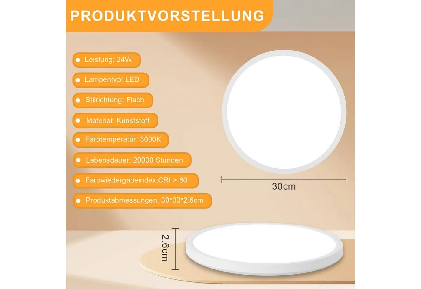 Nettlife LED Deckenleuchte Flach 30cm Rund Weiß Warmweiß
