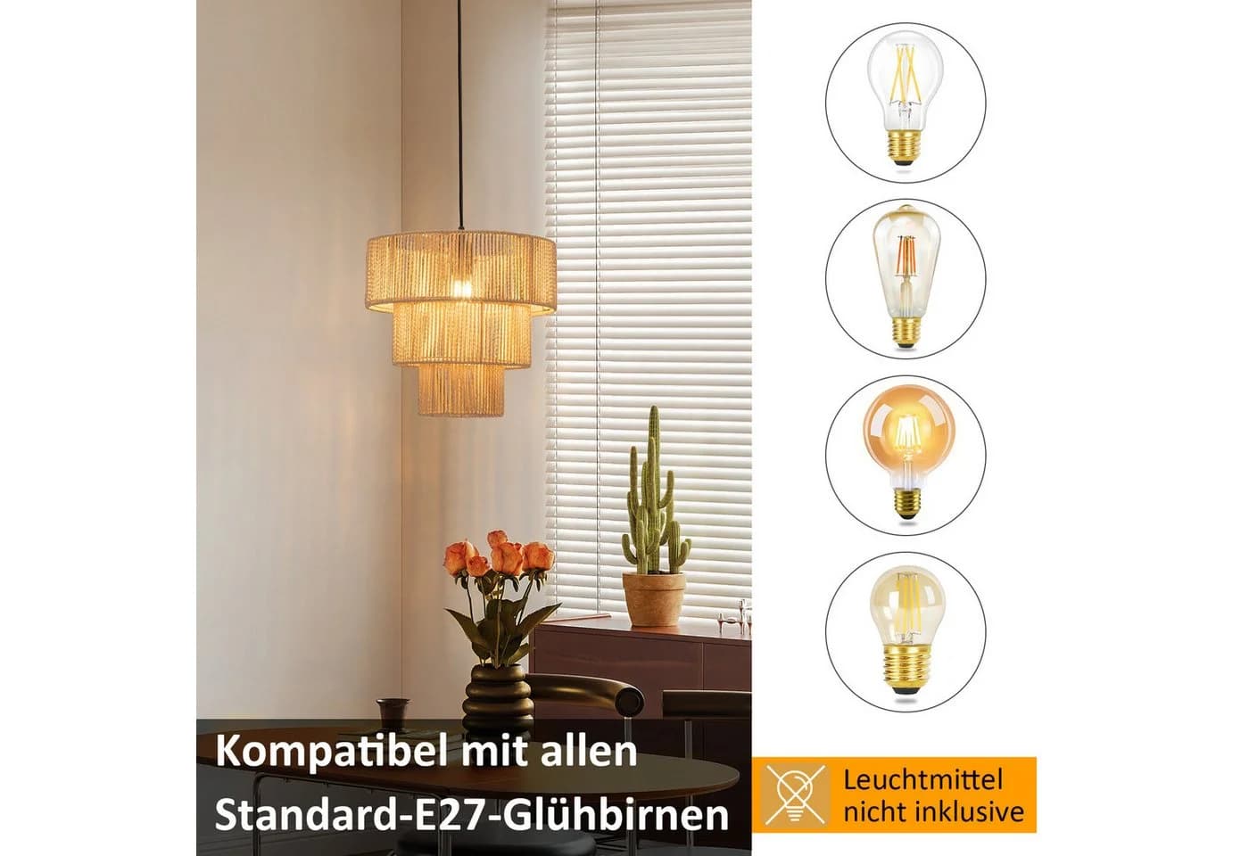 Nettlife Pendelleuchte Esstisch Rattan 150cm E27 1-flammig Boho Retro