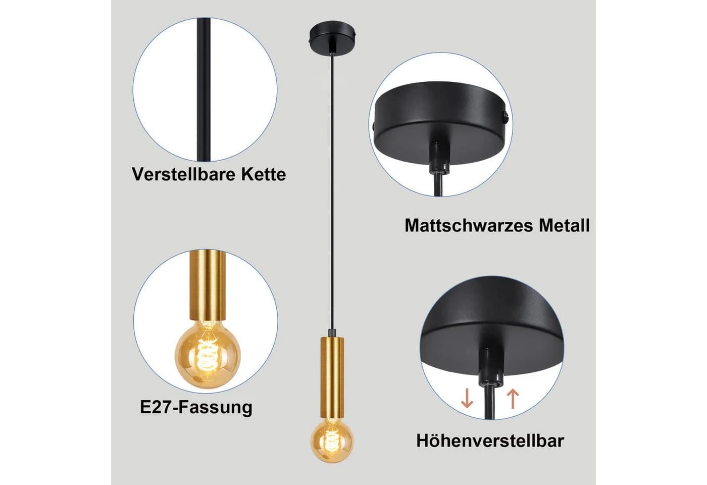 Nettlife Hängeleuchte Gold E27 Industrial Pendelleuchte Höhenverstellbar - Bild 3