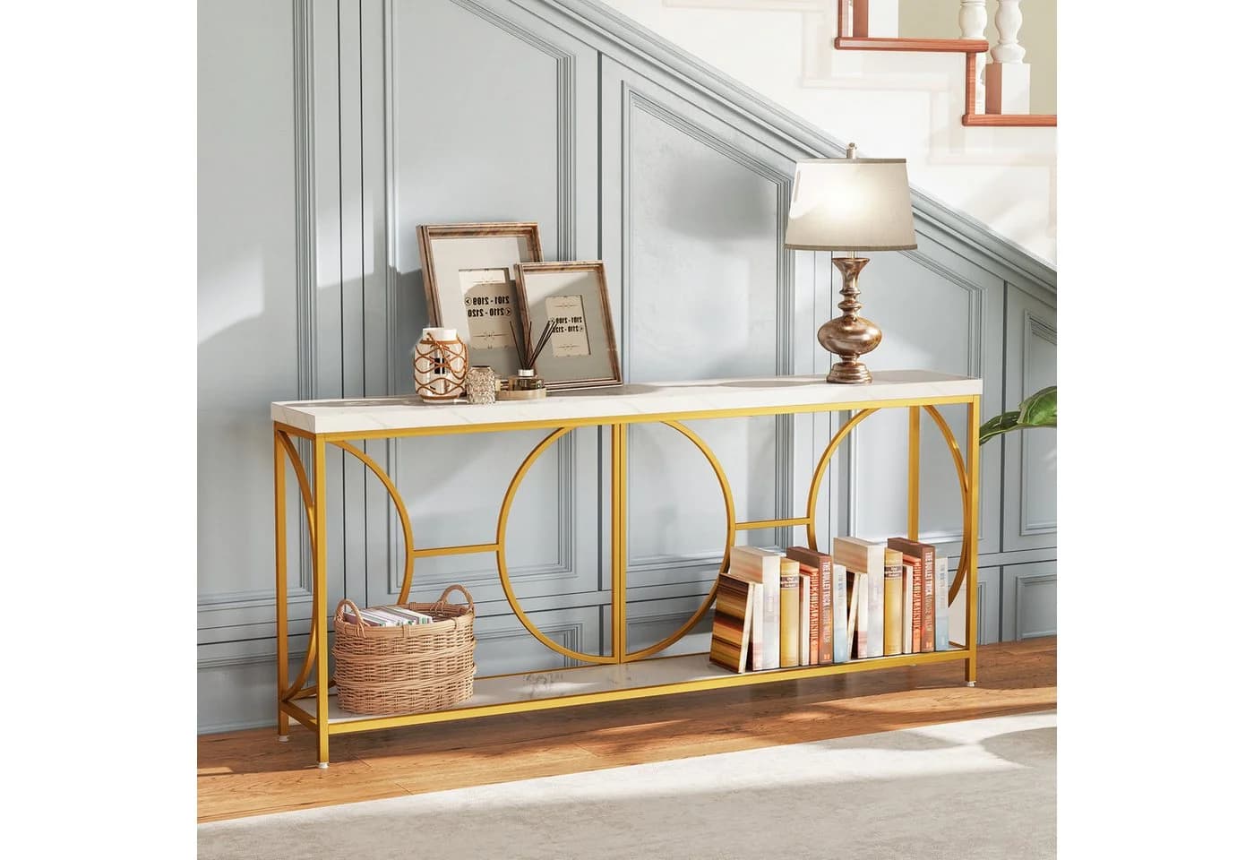COSTWAY Konsolentisch schmal Marmor mit geometrischem Metallrahmen Gold