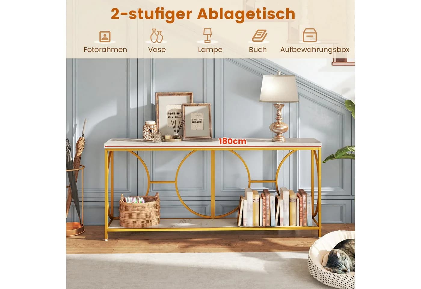 COSTWAY Konsolentisch schmal Marmor mit geometrischem Metallrahmen Gold - Bild 3
