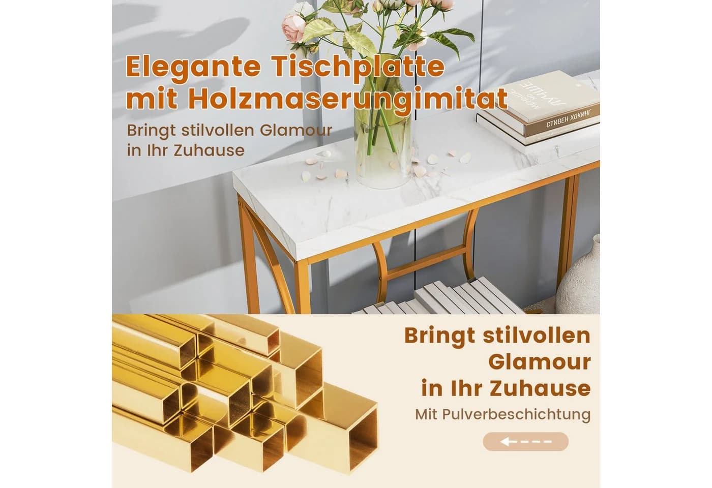 COSTWAY Konsolentisch schmal Marmor mit geometrischem Metallrahmen Gold - Bild 4