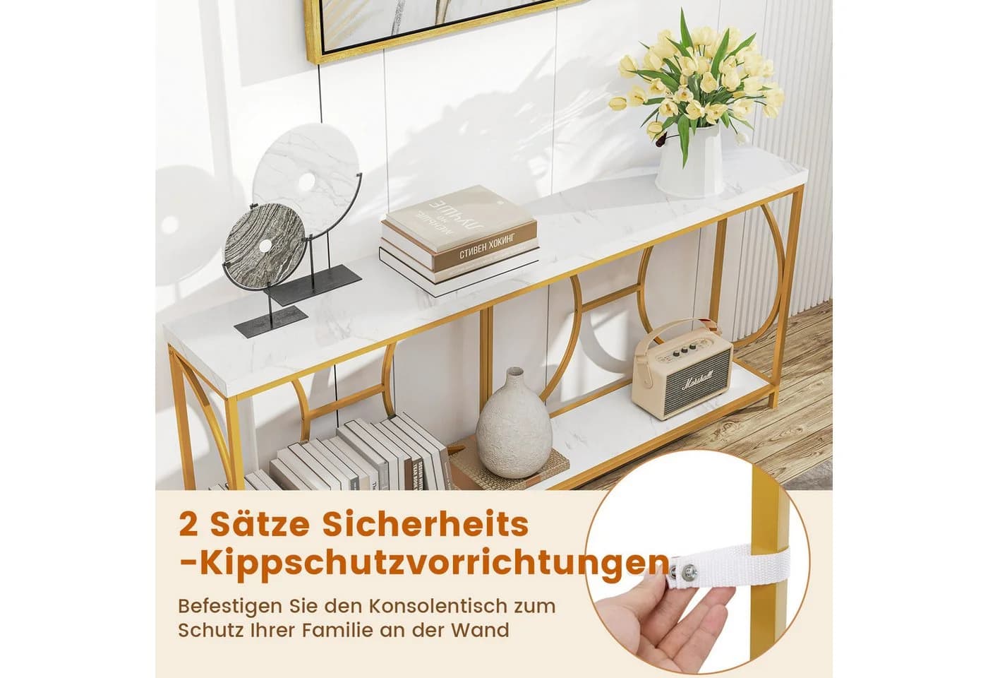 COSTWAY Konsolentisch schmal Marmor mit geometrischem Metallrahmen Gold - Bild 5
