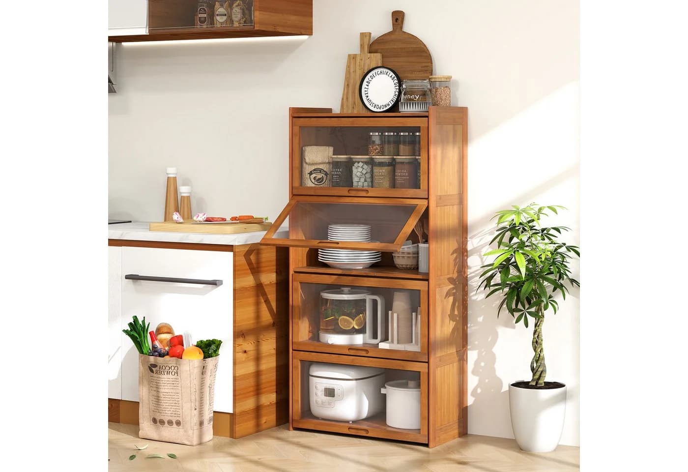 COSTWAY Bücherregal Bambus mit Acryltüren 4 Fächer
