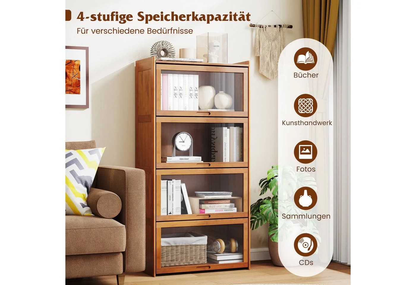 COSTWAY Bücherregal Bambus mit Acryltüren 4 Fächer - Bild 3