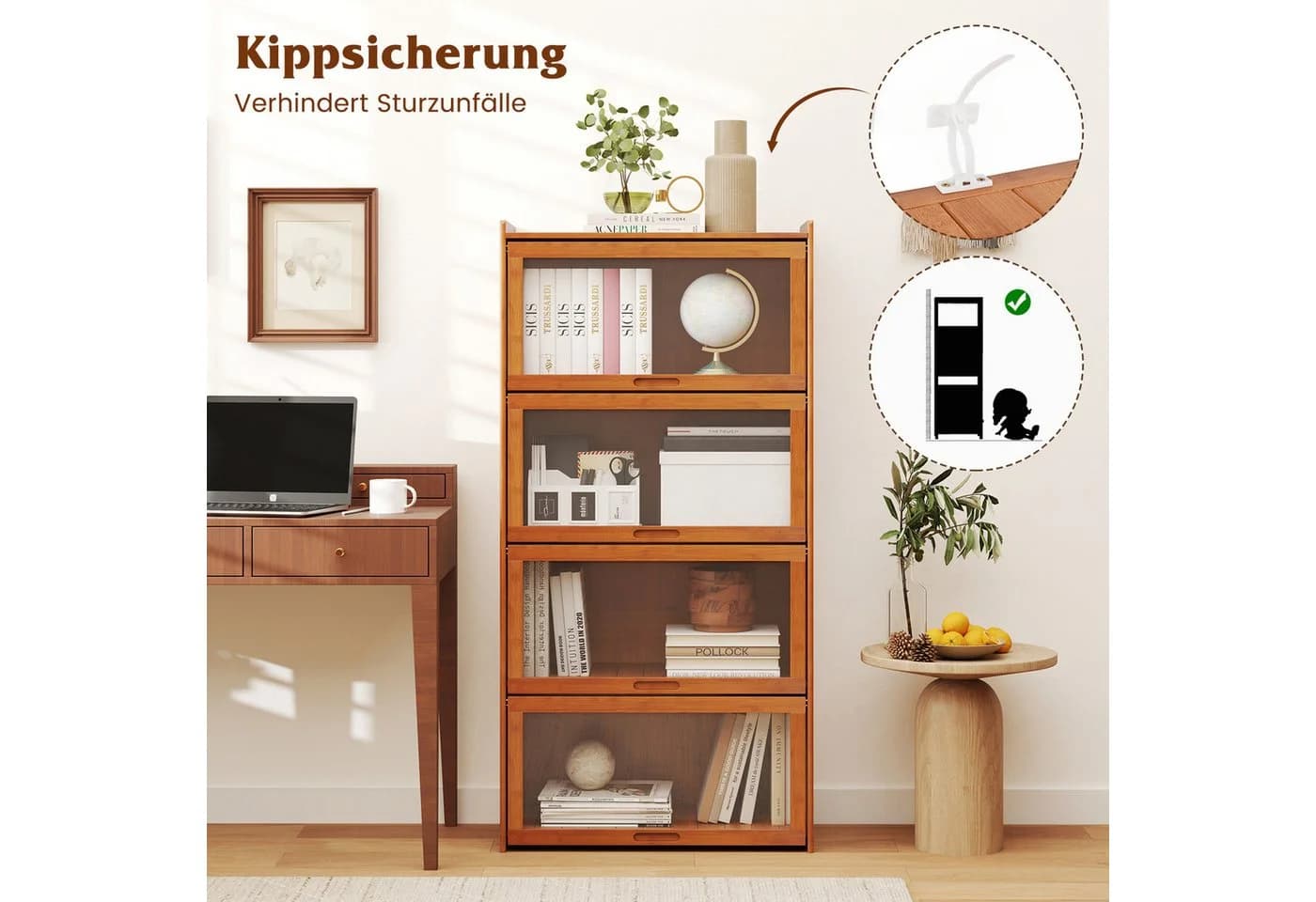 COSTWAY Bücherregal Bambus mit Acryltüren 4 Fächer - Bild 4