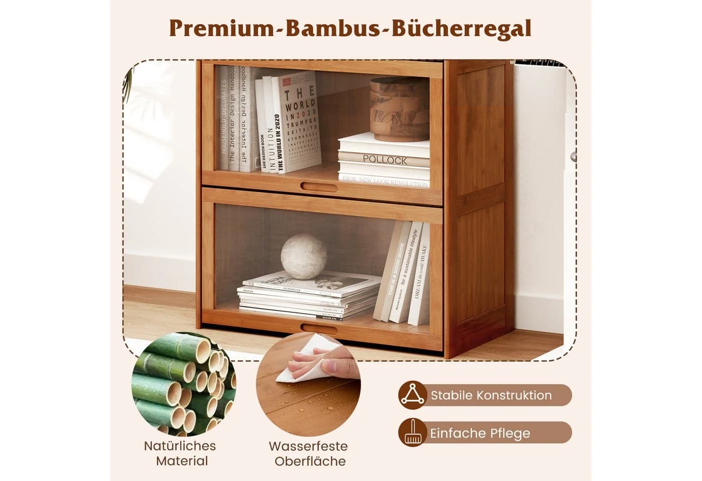 COSTWAY Bücherregal Bambus mit Acryltüren 4 Fächer - Bild 5
