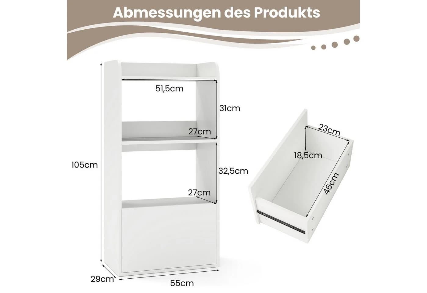 COSTWAY Bücherregal mit Schublade 2 Fächer Weiß Braun - Bild 4