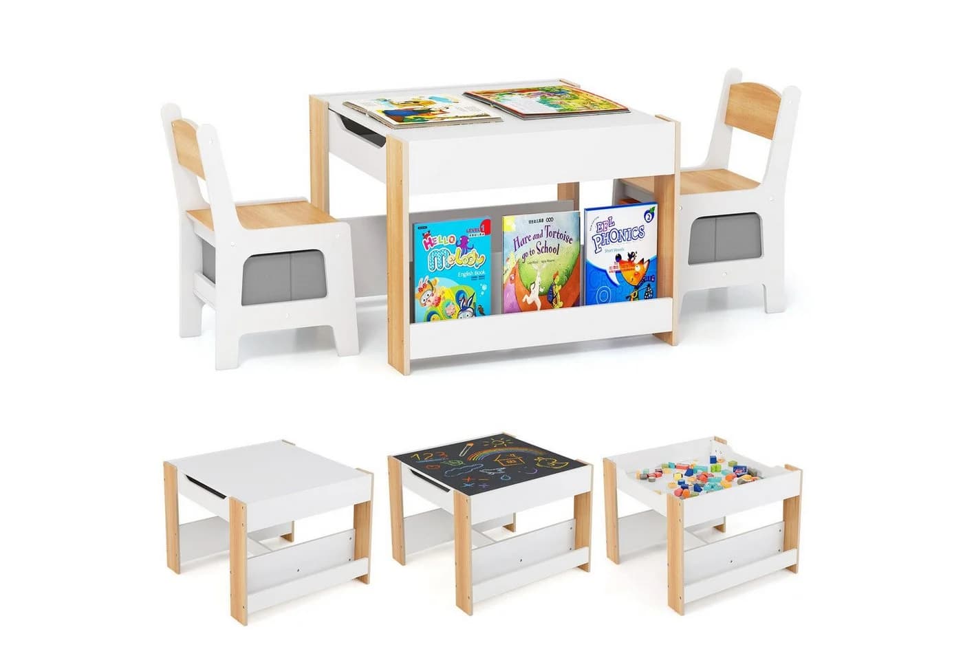 COSTWAY Kindersitzgruppe 3-tlg. Holz mit Aufbewahrungsboxen & Bücherregalen - Bild 2