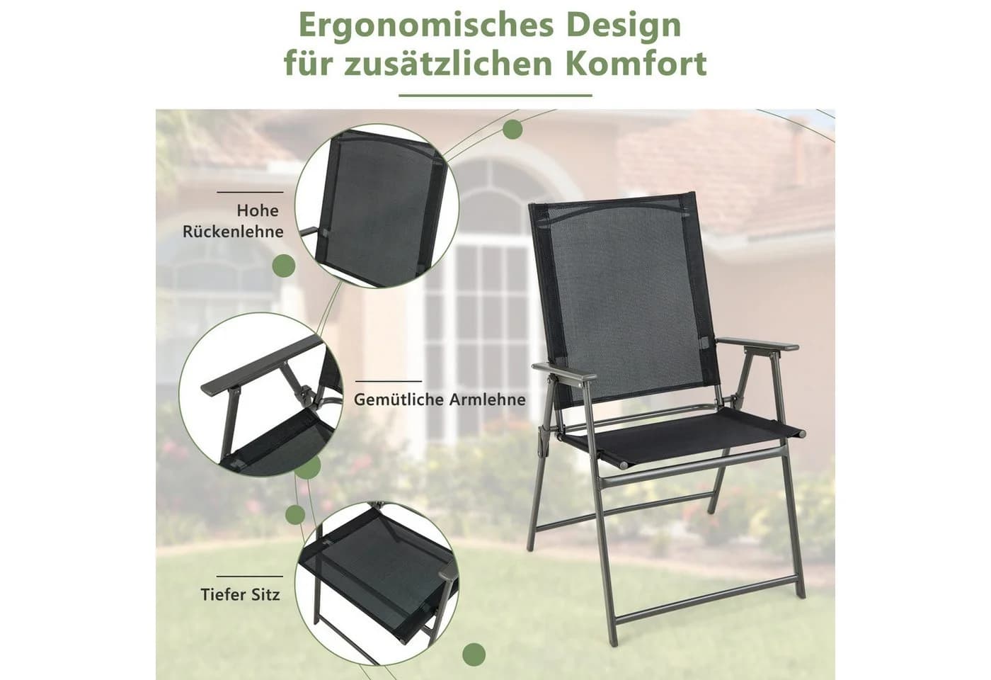 COSTWAY Gartenstuhl Klappstühle 2 St. Schwarz mit Armlehnen - Bild 4
