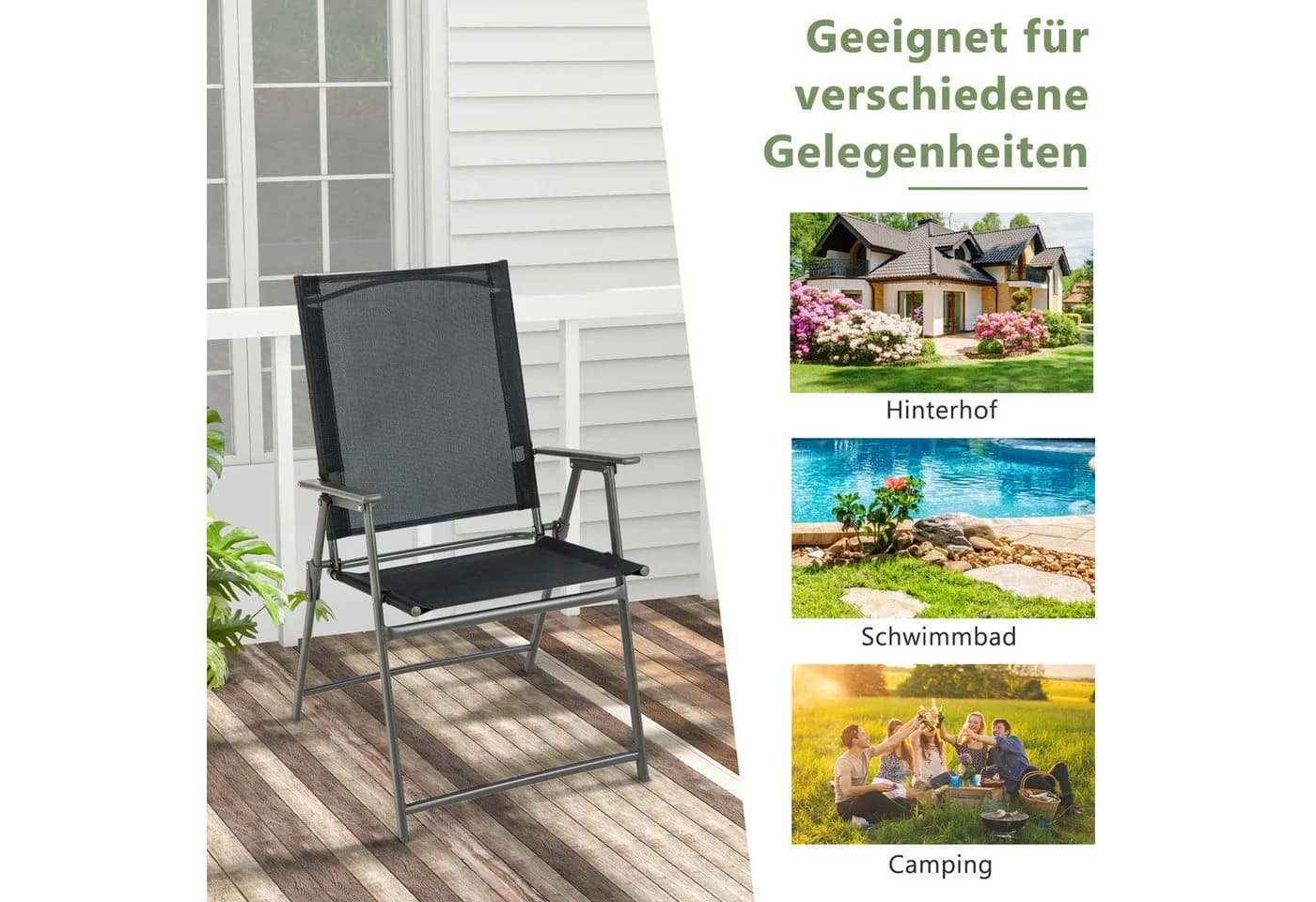 COSTWAY Gartenstuhl Klappstühle 2 St. Schwarz mit Armlehnen - Bild 5