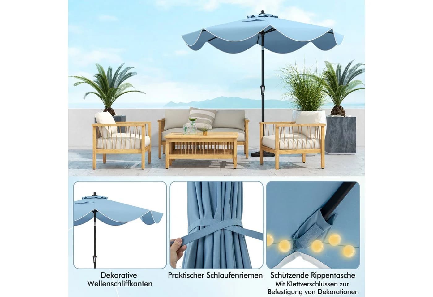 COSTWAY Terrassenschirm Beige mit Kurbel & Volant neigbar