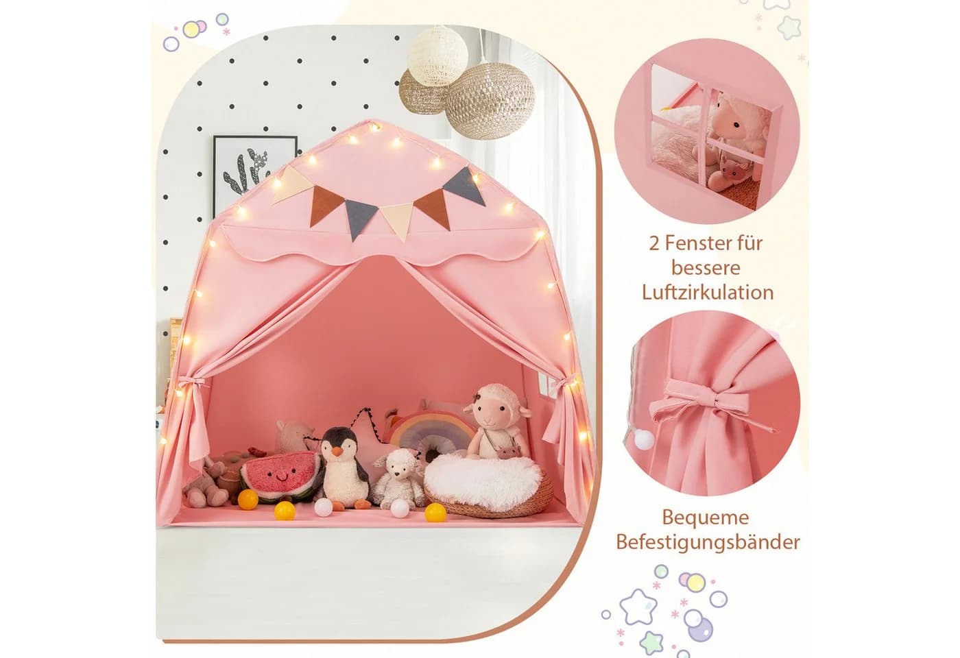 COSTWAY Spielzelt Kinder Spielhaus Rosa Boho-Stil 157x98x148cm - Bild 3