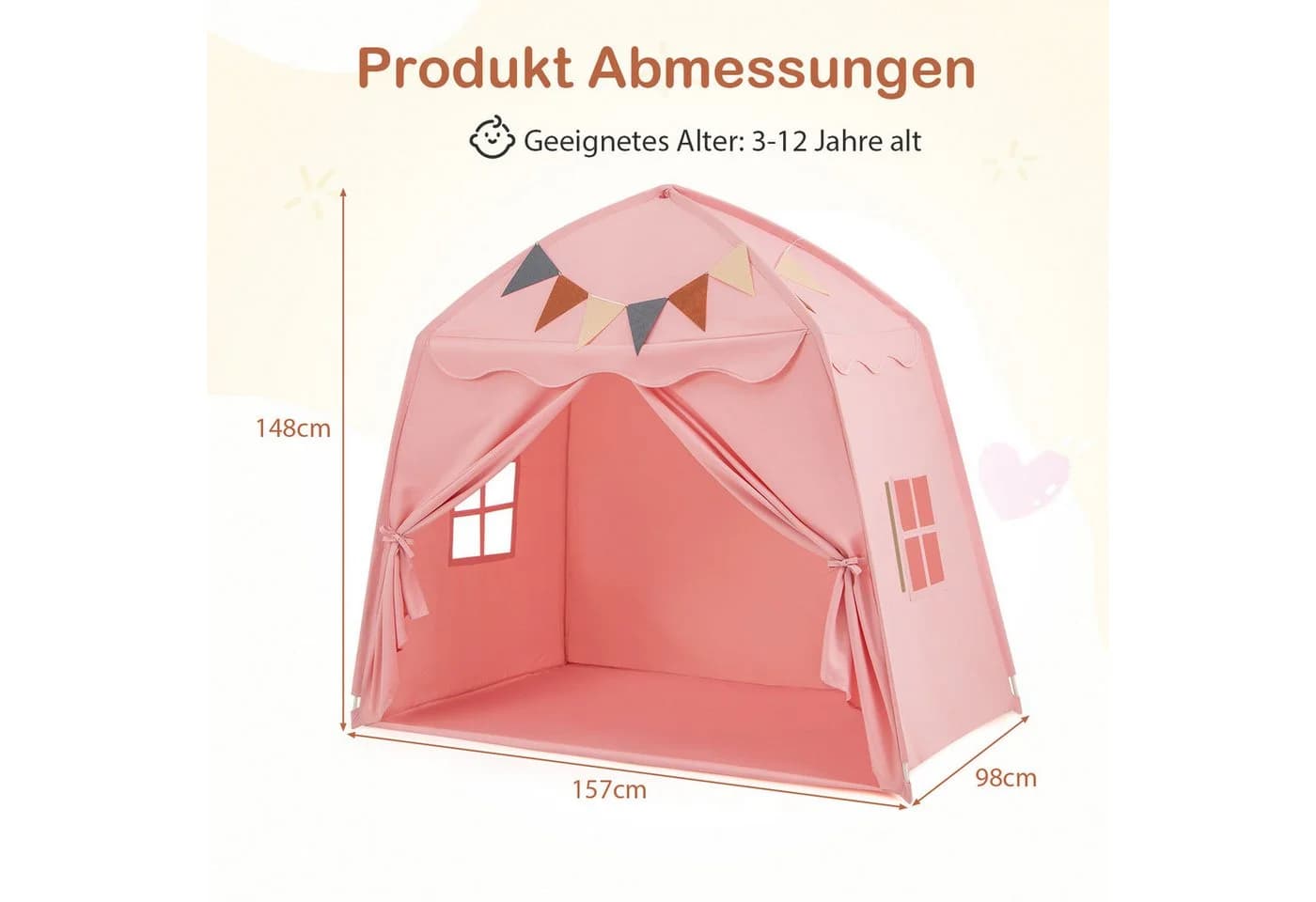 COSTWAY Spielzelt Kinder Spielhaus Rosa Boho-Stil 157x98x148cm - Bild 4