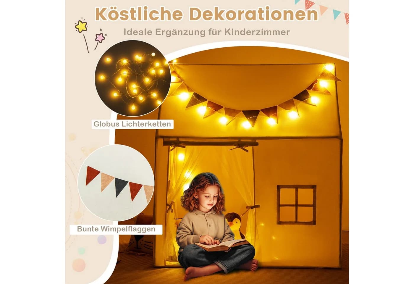 COSTWAY Spielzelt Spielhaus Kinder Indoor Beige Lichterketten Flaggen - Bild 3