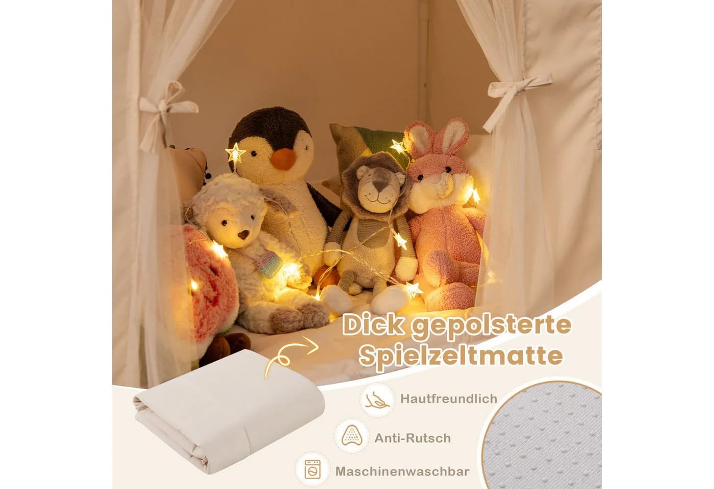 COSTWAY Spielzelt Spielhaus Kinder Indoor Beige Lichterketten Flaggen - Bild 4