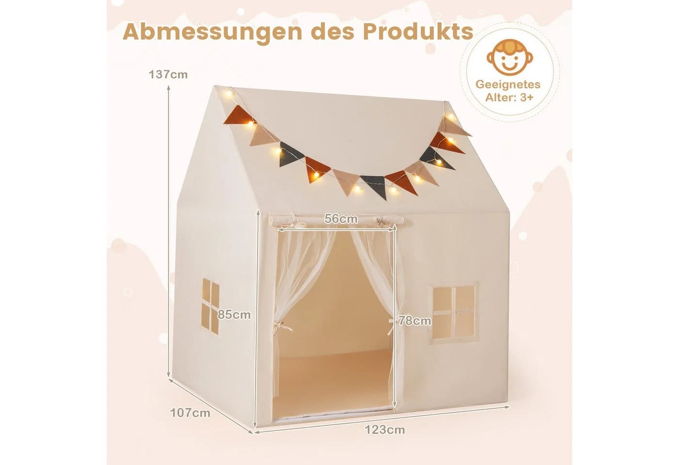COSTWAY Spielzelt Spielhaus Kinder Indoor Beige Lichterketten Flaggen - Bild 5