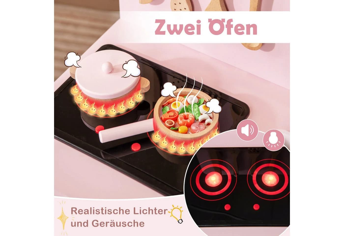 COSTWAY Spielküche Kinderküche Holz Rosa mit Herd Ofen & Zubehör