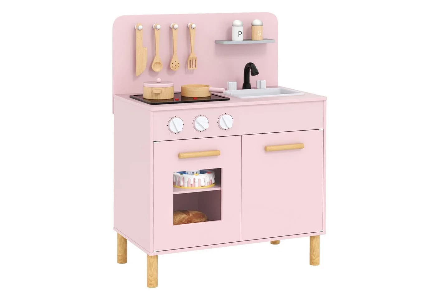 COSTWAY Spielküche Kinderküche Holz Rosa mit Herd Ofen & Zubehör - Bild 2