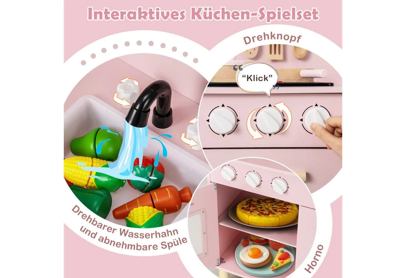 COSTWAY Spielküche Kinderküche Holz Rosa mit Herd Ofen & Zubehör - Bild 3