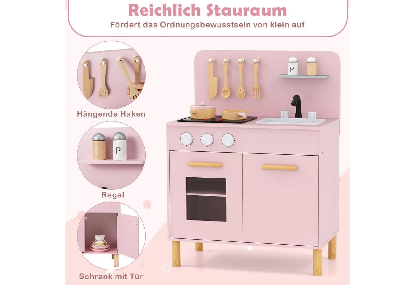 COSTWAY Spielküche Kinderküche Holz Rosa mit Herd Ofen & Zubehör - Bild 4