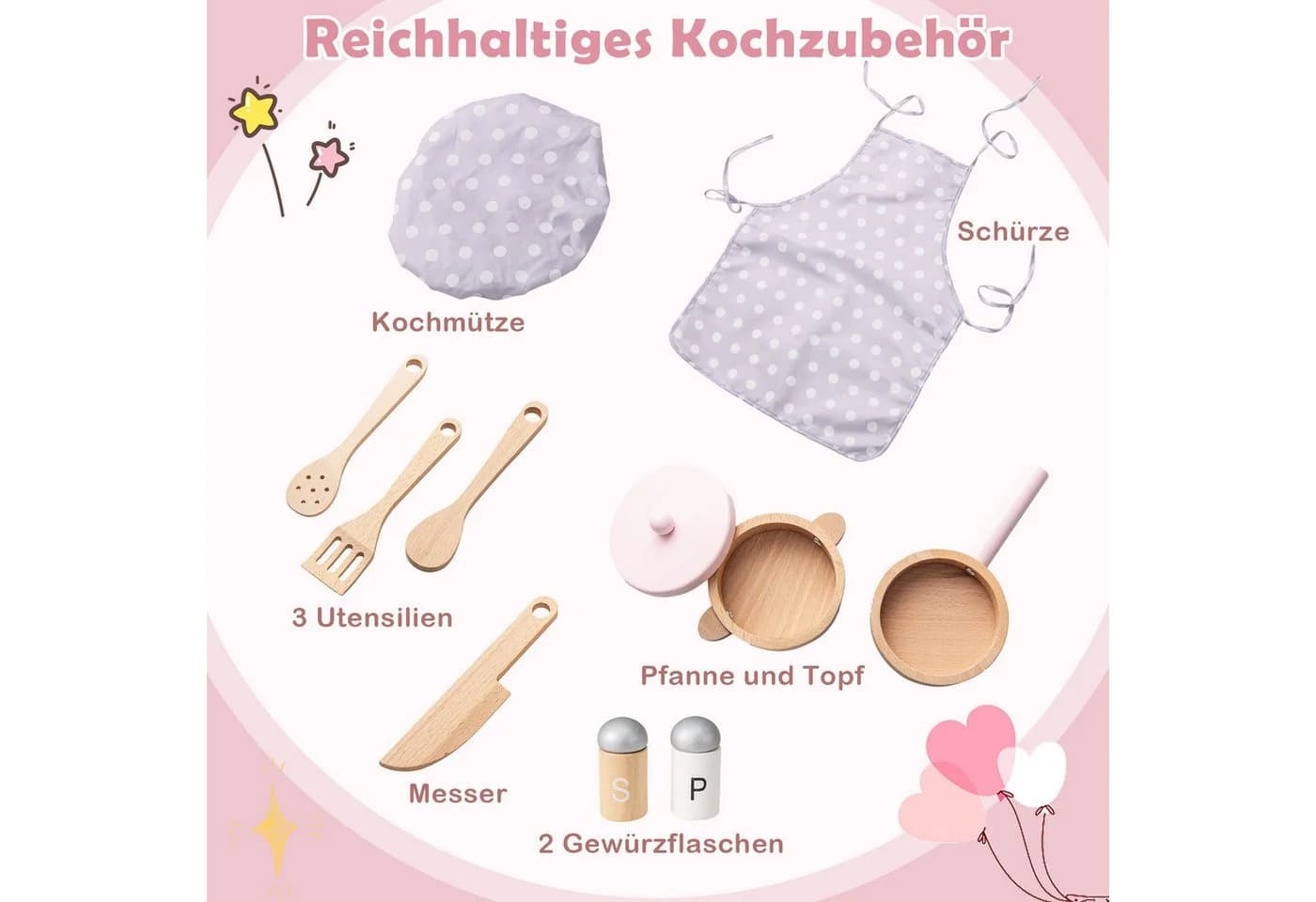 COSTWAY Spielküche Kinderküche Holz Rosa mit Herd Ofen & Zubehör - Bild 5