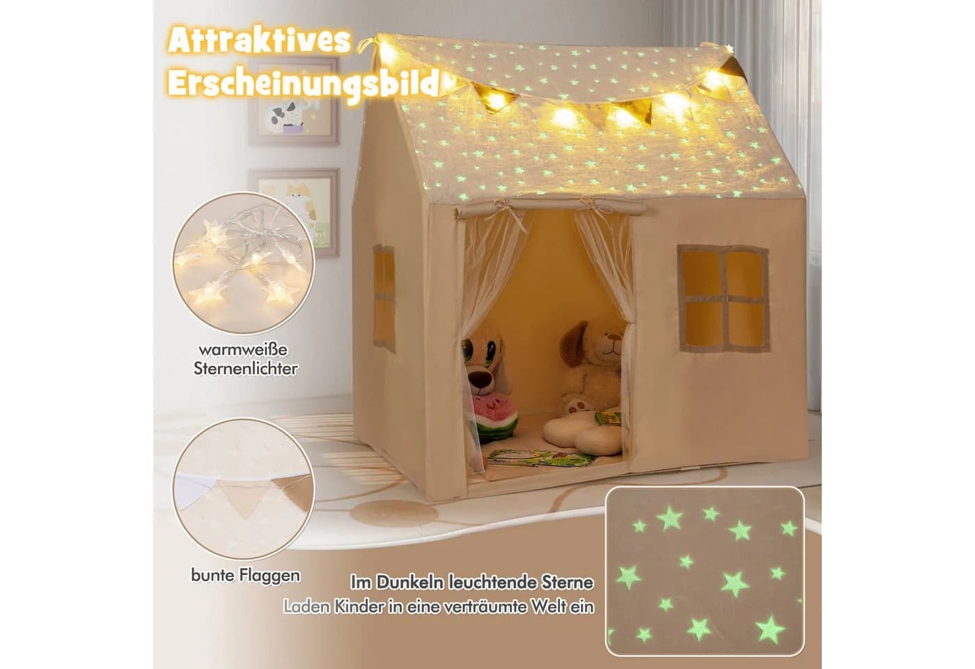 COSTWAY Spielzelt Kinderzelt mit Matte & Lichtern 119x104x129 cm