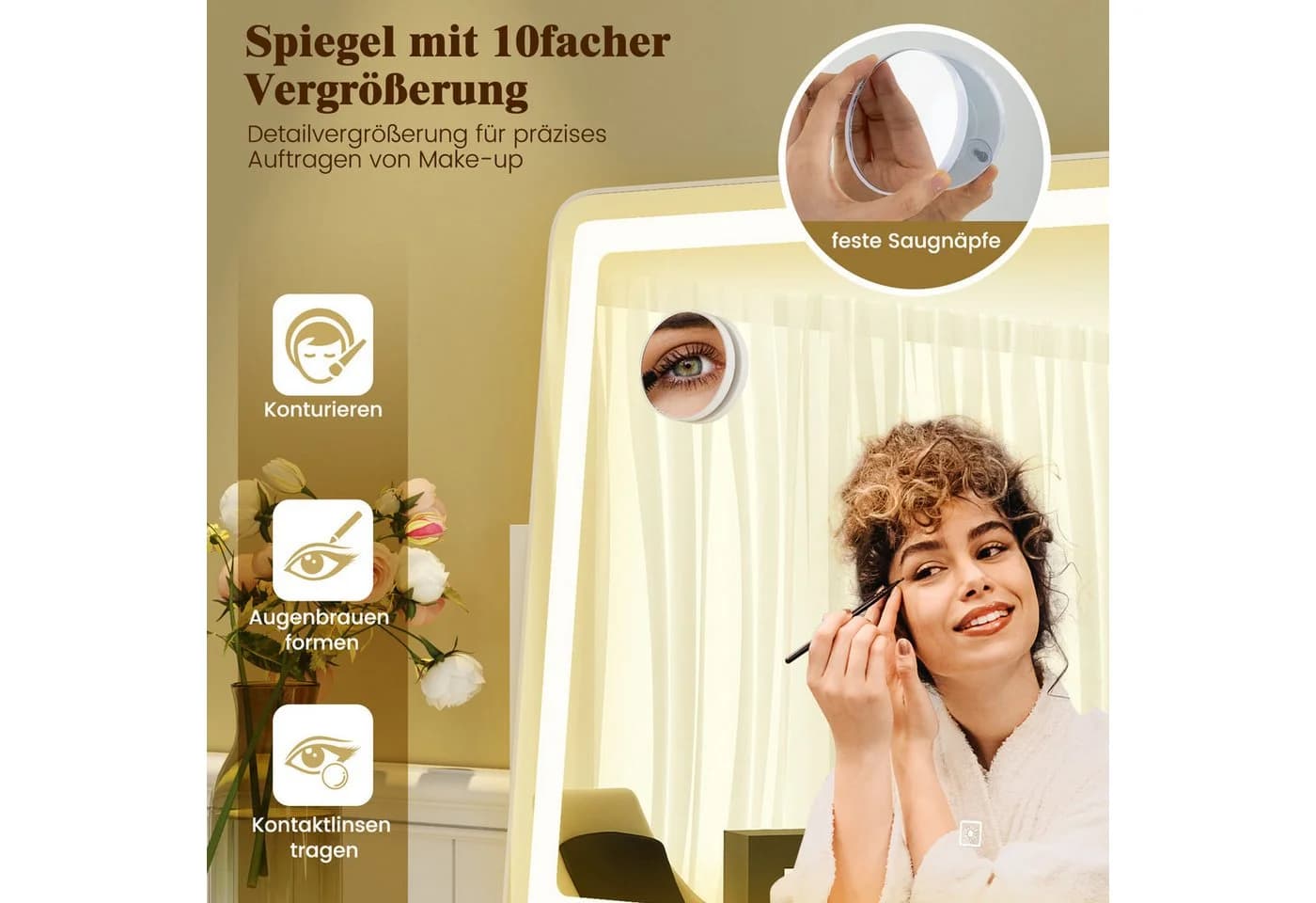 COSTWAY Schminkspiegel mit 10X Vergrößerung, 3 Lichtfarben & Touch-Steuerung, 360° drehbar