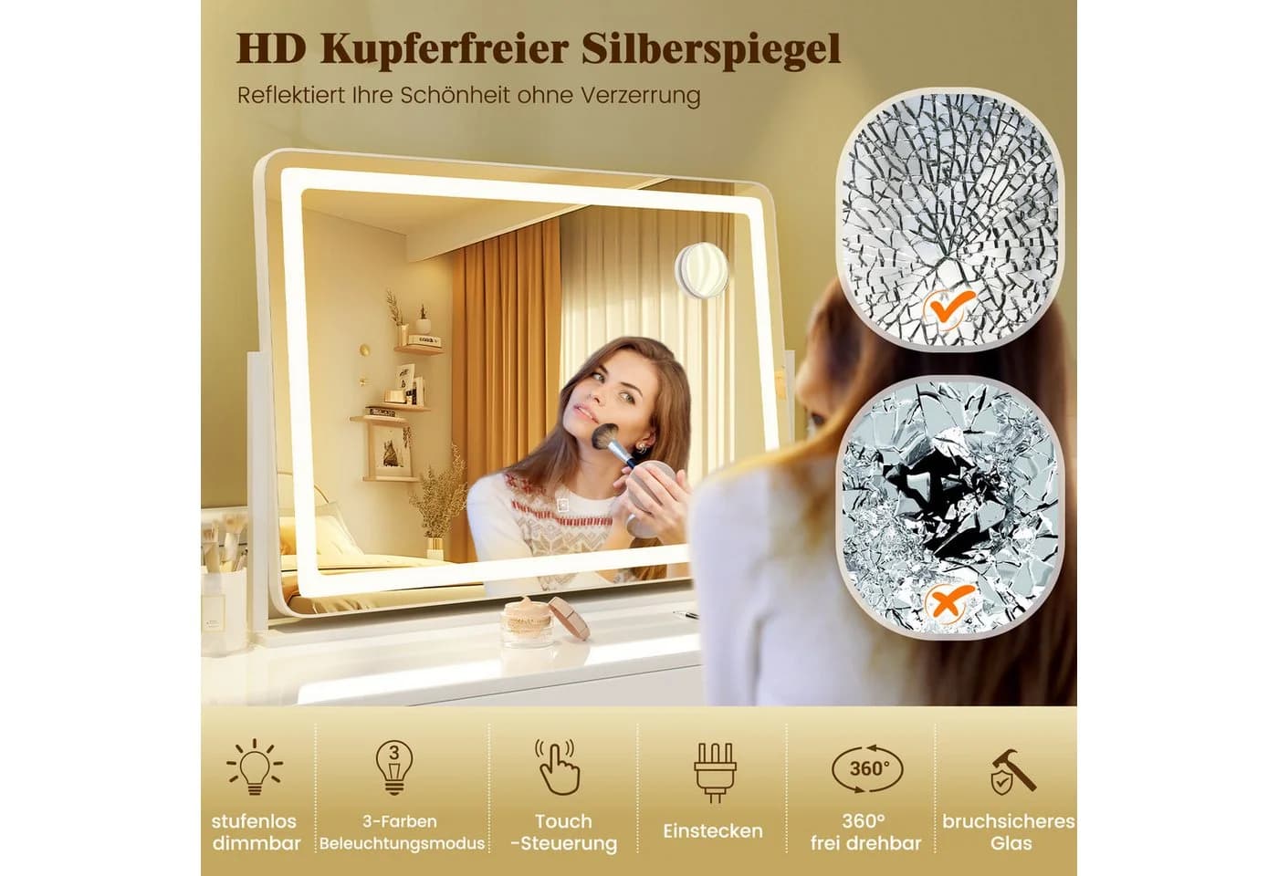 COSTWAY Schminkspiegel mit 10X Vergrößerung, 3 Lichtfarben & Touch-Steuerung, 360° drehbar - Bild 3