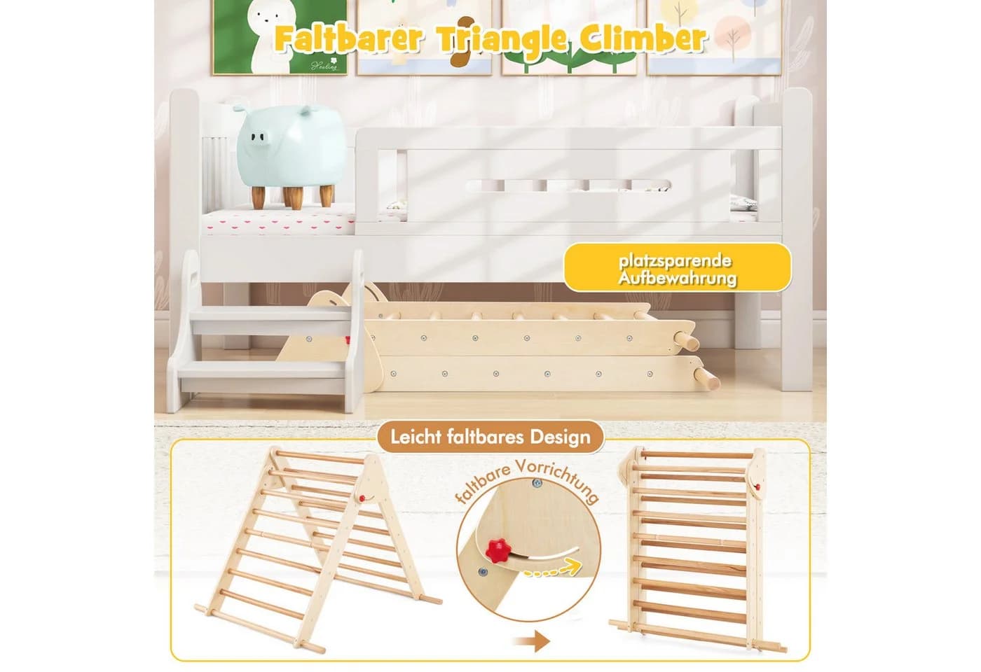 COSTWAY Klettergerüst Kletterdreieck mit Rutsche Holz klappbar