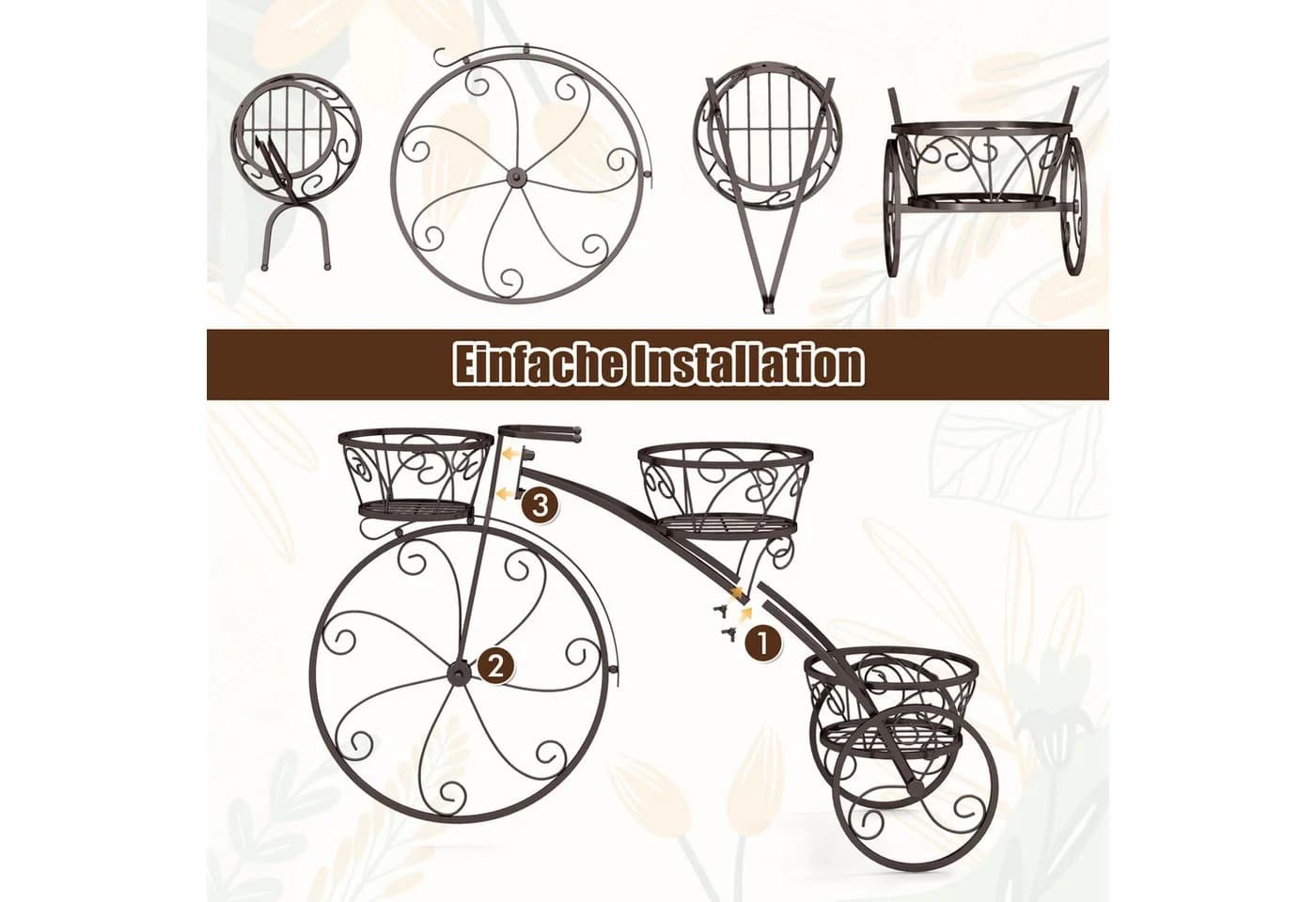 COSTWAY Blumenständer mit 3 Körben, Pflanzenständer Fahrrad, Metall, Bronze - Bild 3