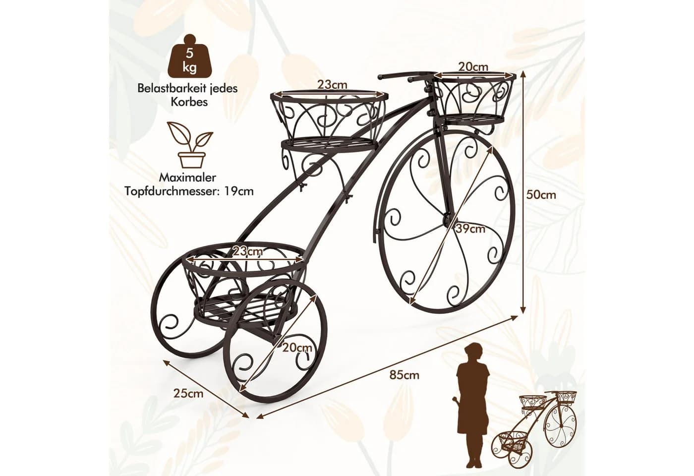 COSTWAY Blumenständer mit 3 Körben, Pflanzenständer Fahrrad, Metall, Bronze - Bild 4
