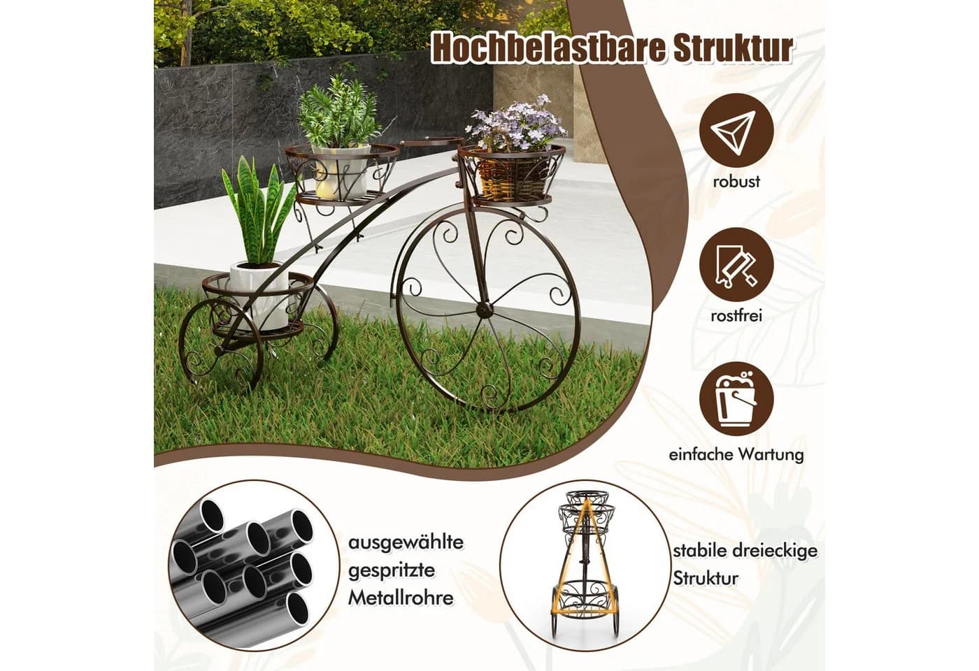 COSTWAY Blumenständer mit 3 Körben, Pflanzenständer Fahrrad, Metall, Bronze - Bild 5