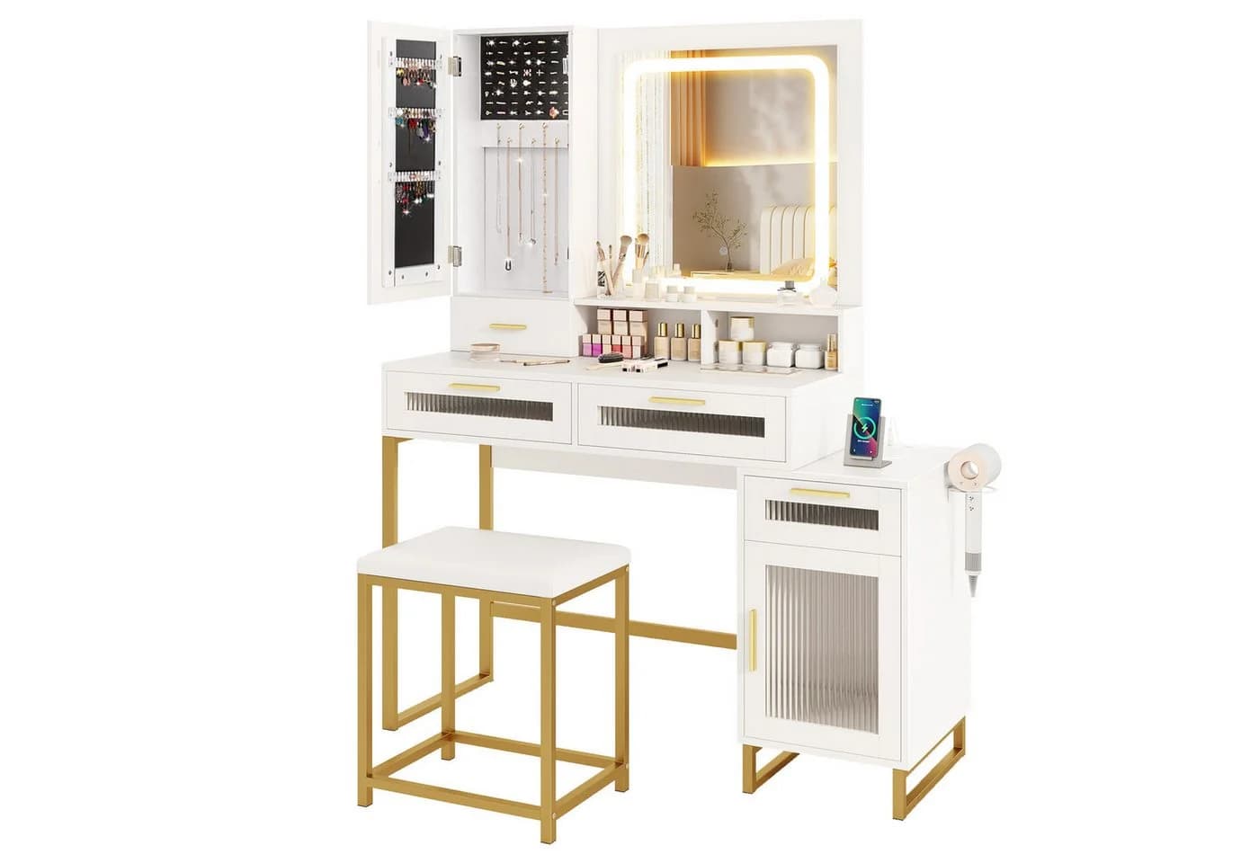 COSTWAY Schminktisch mit LED & Ladestation, Hocker, Spiegel, Schubladen