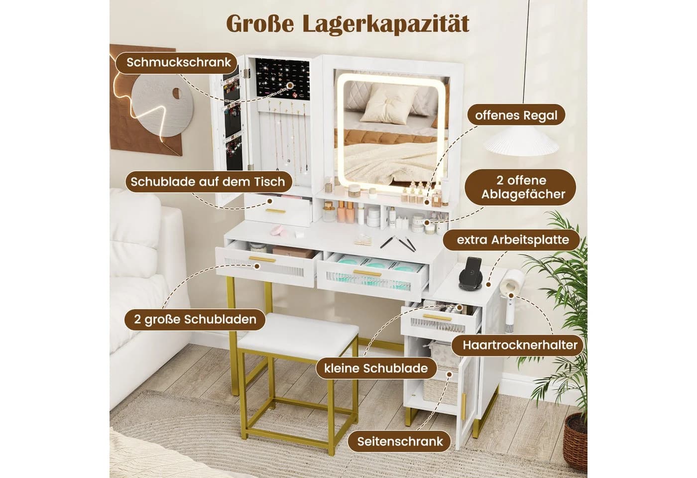 COSTWAY Schminktisch mit LED & Ladestation, Hocker, Spiegel, Schubladen - Bild 3