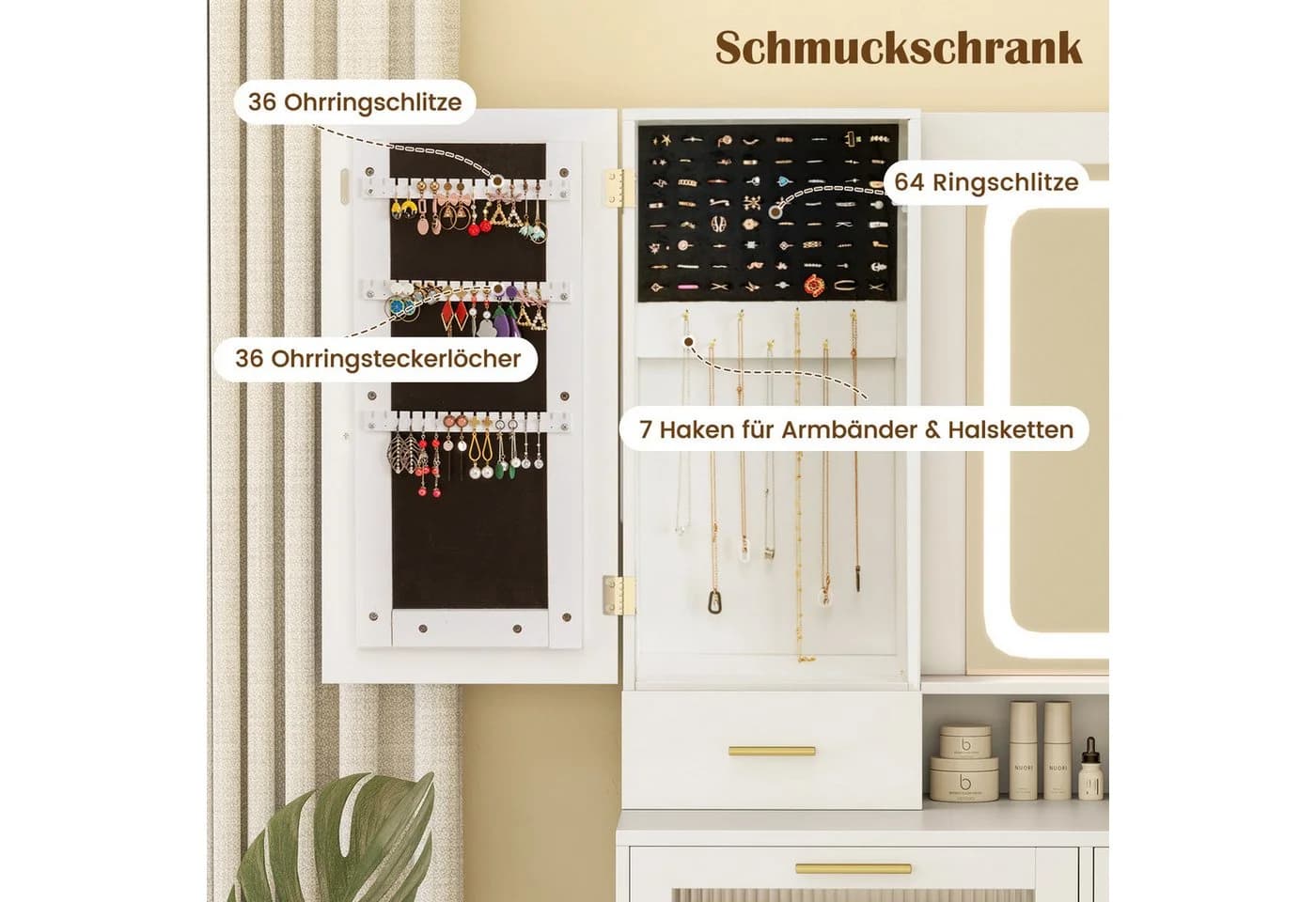 COSTWAY Schminktisch mit LED & Ladestation, Hocker, Spiegel, Schubladen - Bild 4
